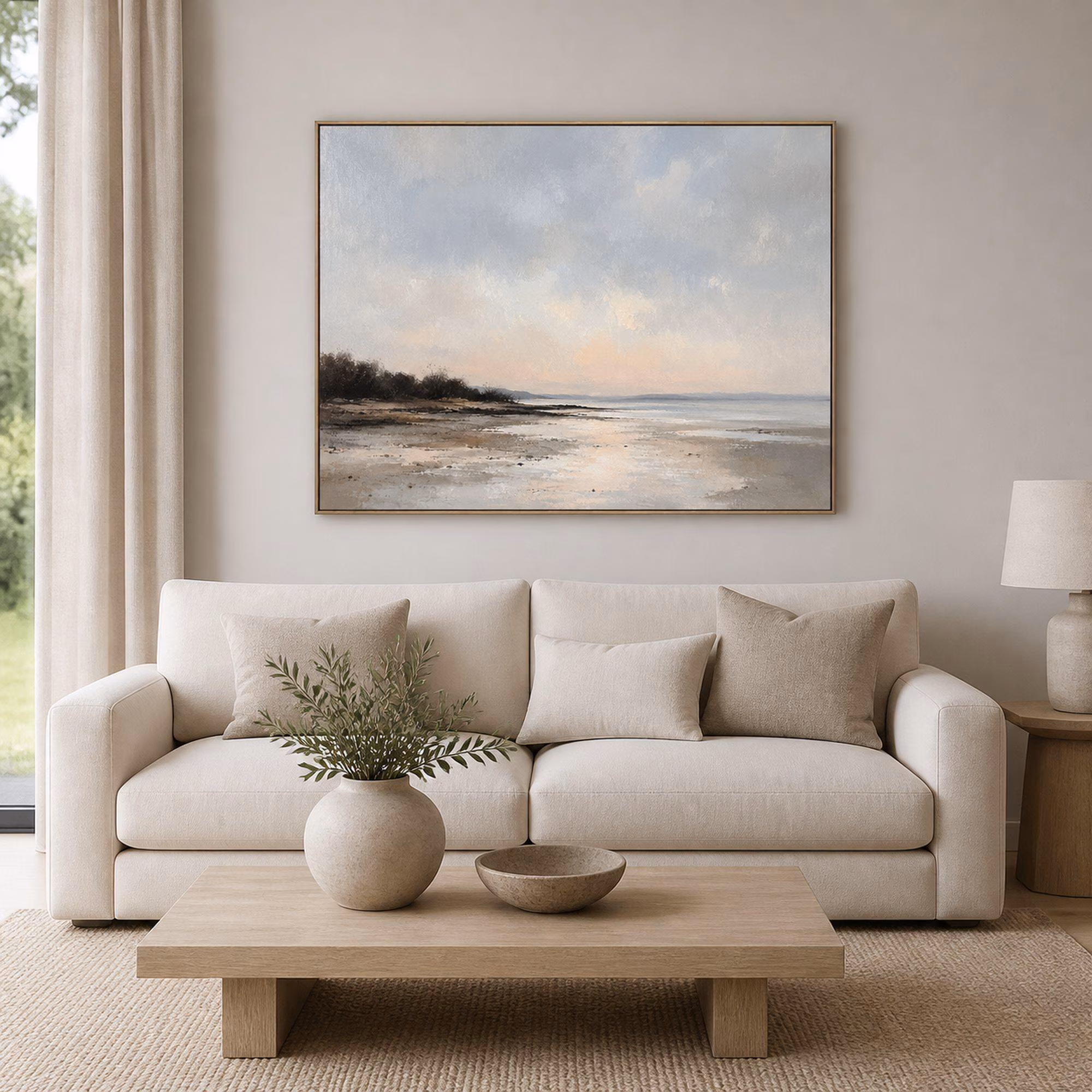 Pale Coastal Landscape Art, Peach Horizon, Neutral Beach Painting