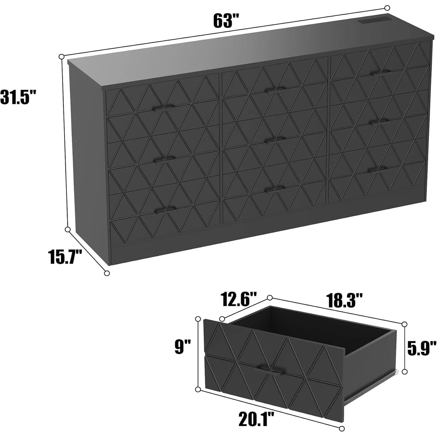 63'' Wooden Dresser with Power Outlet, Modern Chest of Drawers, Storage Organizer