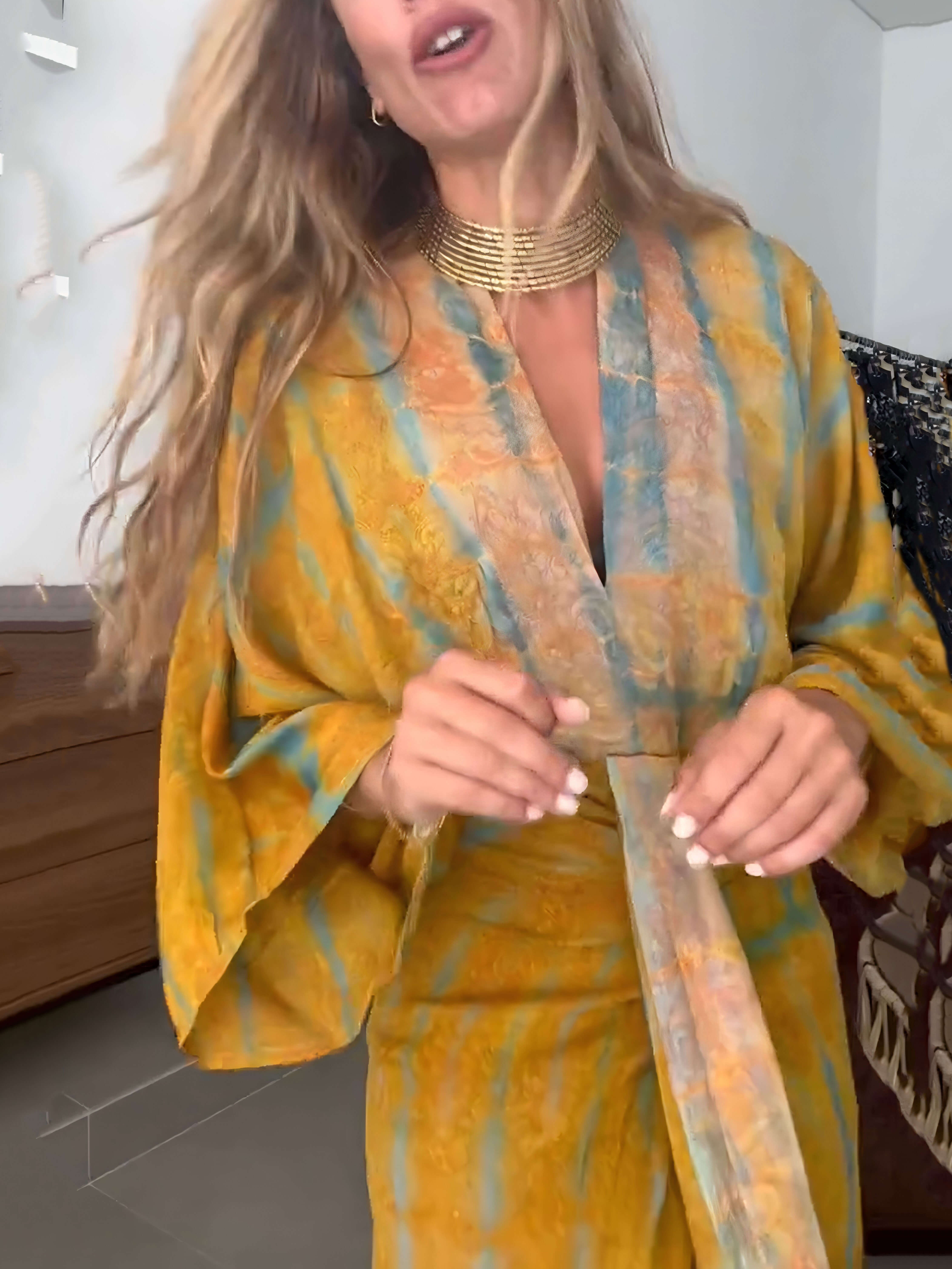 Casual Bohemian Kimono-Inspired Tie-Dye Waisted Maxi Dress