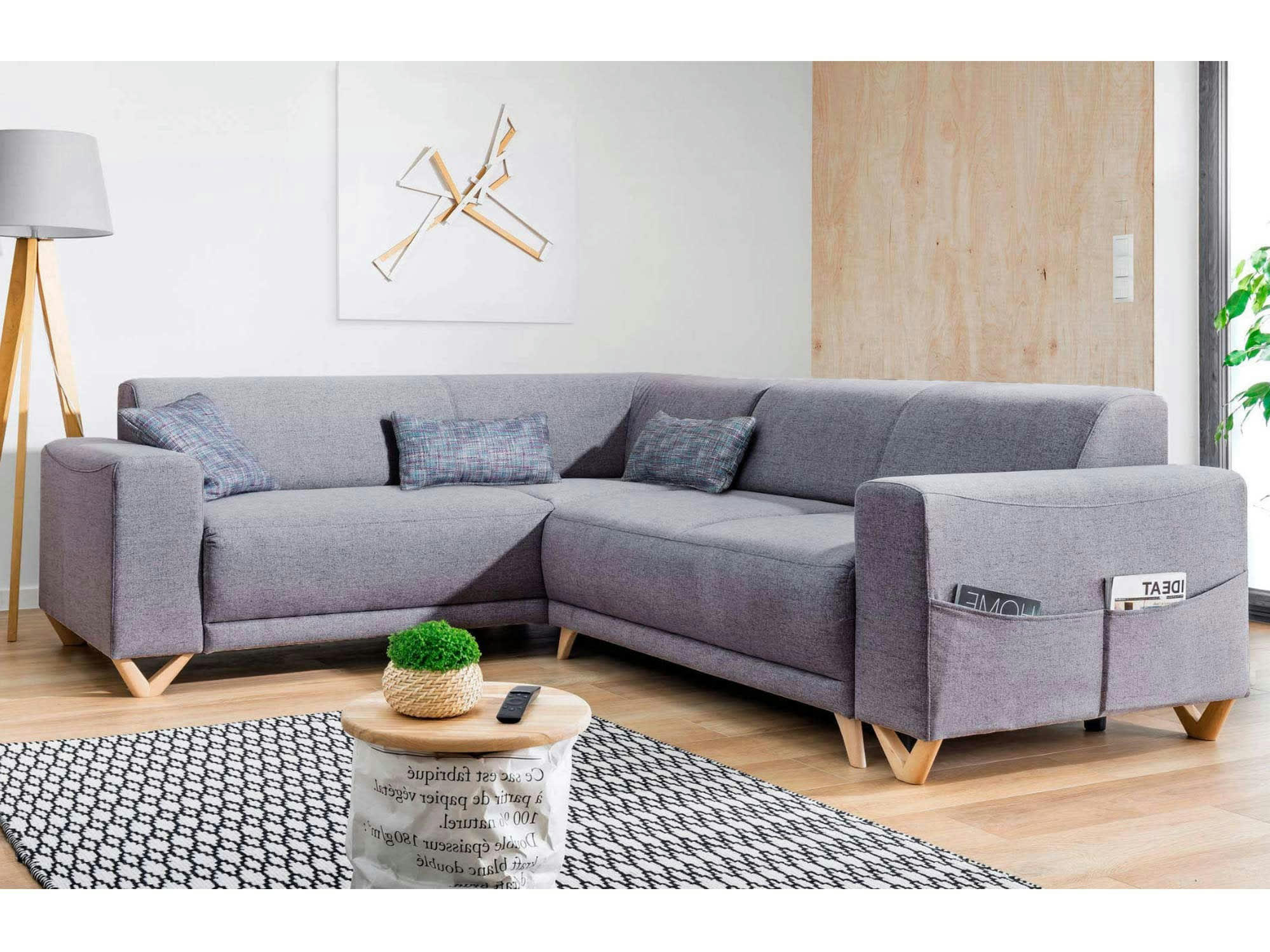 BELLA - Canapé panoramique 6 places angle gauche en tissu gris foncé