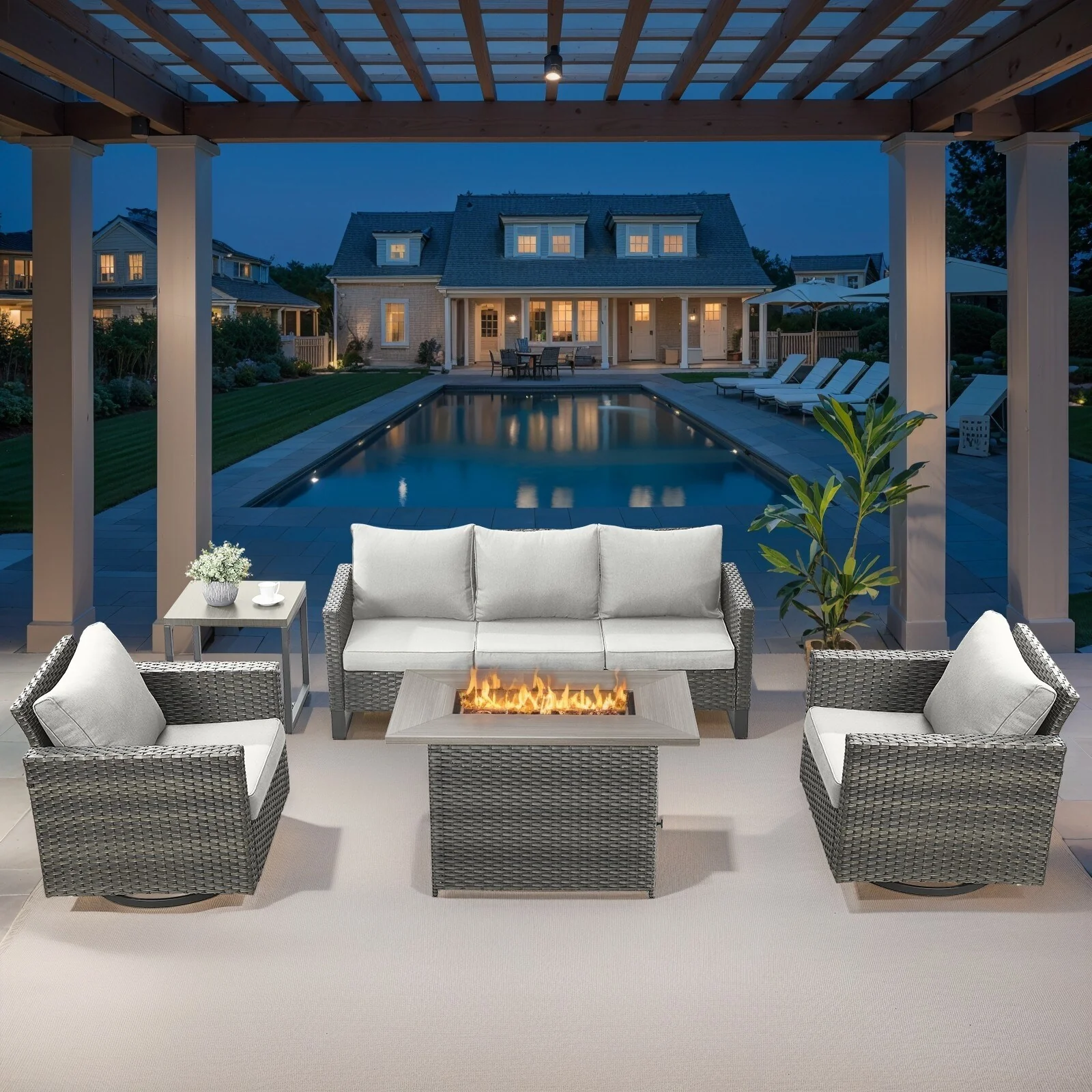 Outdoor Sofa with Swivel Rocker Chairs and Fire Pit Table