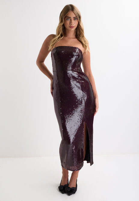 Womens Burgundy Sequin Bandeau Midi Dress