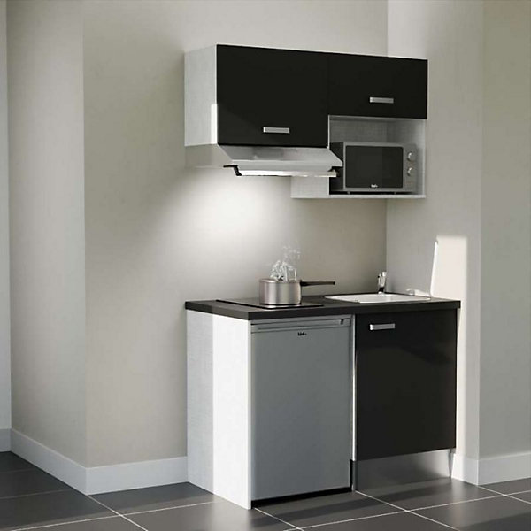 Kitchenette K02 façades Noir - Plan de travail Noir texturé - Crédences : Non - Evier inox - Electroménager Inox inclus