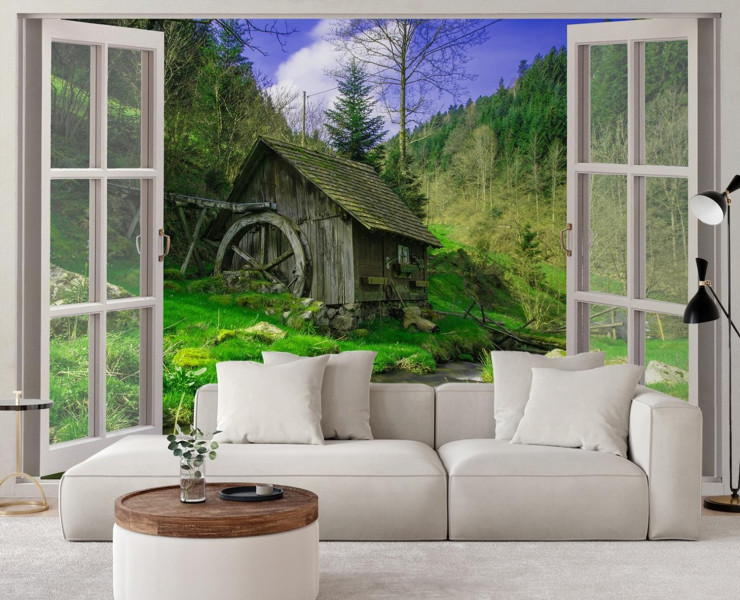 Feeby Fototapeta, Widok z okna domek w górach potok 140x100