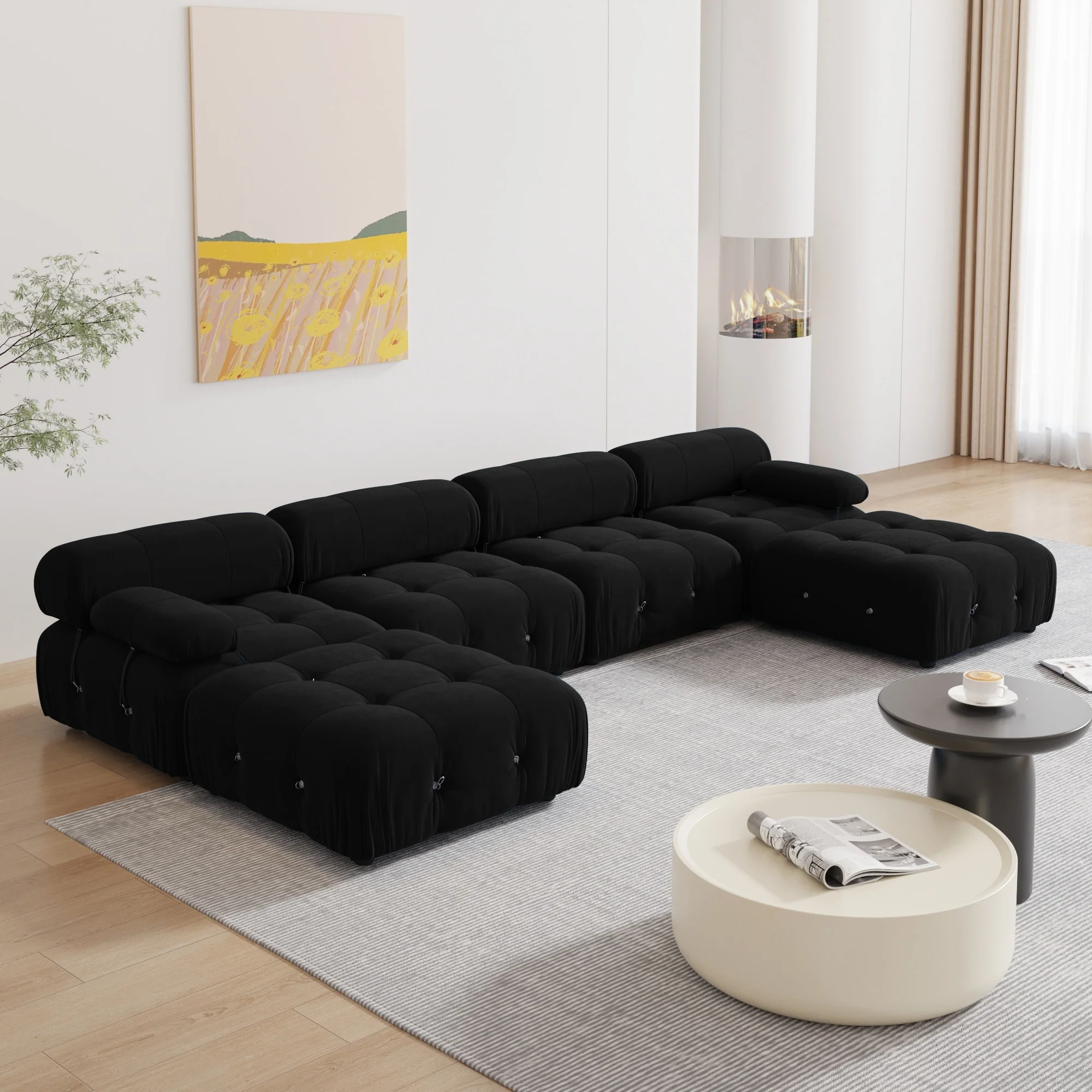 Black Velvet Upholstered Sectional Sofa