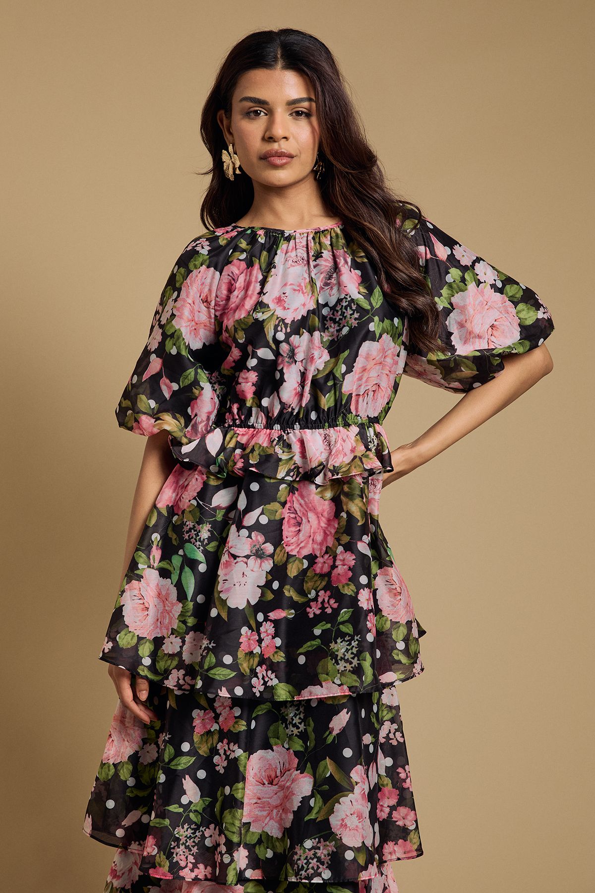 Oasis Petite Shirred Bodice Puff Sleeve Tiered Midi Dress