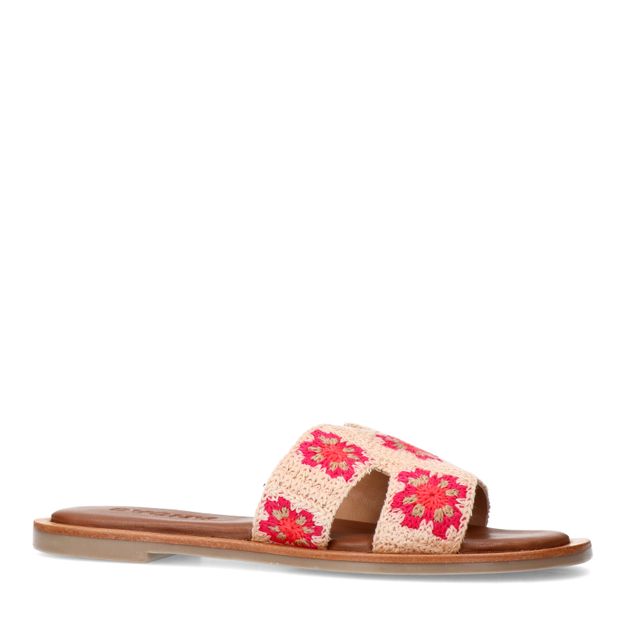 Beige slippers met roze bloemen embroidery