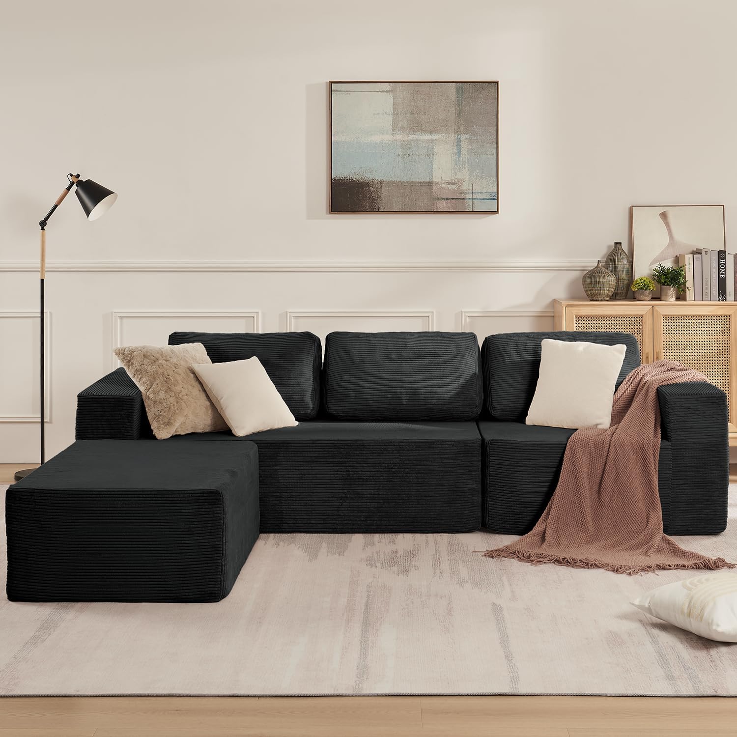 106 Cloud Sectional Couch, Left/Right Facing Convertible Sofa with Deep Seat, L-Shape Modular Upholstered Foam Couch for Living Room Bedroom, No Assembly Required (Corduroy Fabric, Black)