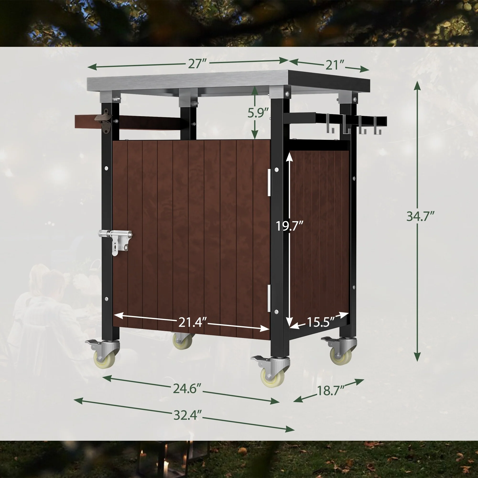 Outdoor Movable Grill Cart with Stainless Steel Tabletop, Storage, Patio Kitchen Island with Wheels, Hooks and Spice Rack