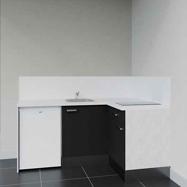 Kitchenette KA01 façades Noir - Plan de travail Blanc - Crédences : Oui - Evier inox - Electroménager Blanc inclus