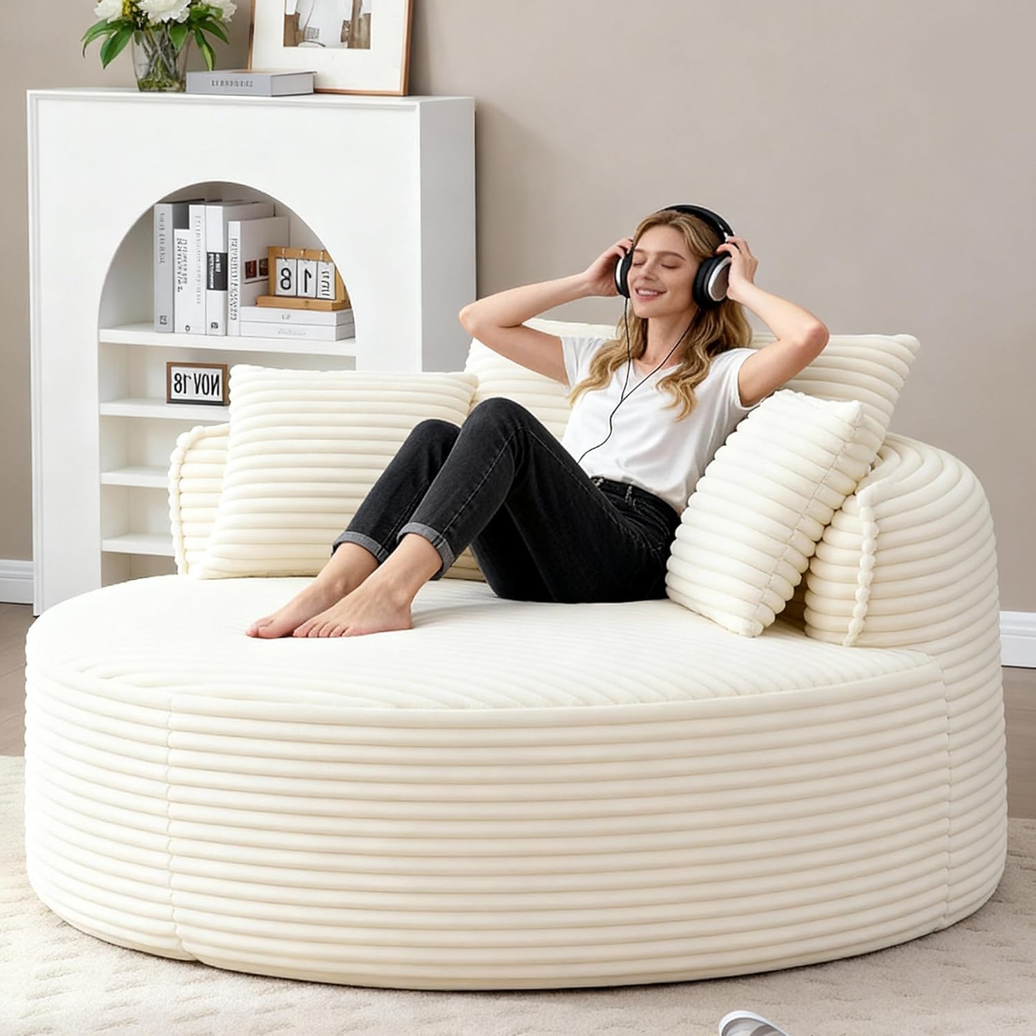 Oversized Round Chair Lounge Chaise Indoor, 53.5 Corduroy Boneless Round Chair, Fluffy Single Deep Seat Cloud Sofa Chairs, Modern Circle Chaise Lounge for Bedroom, Living Room, Beige White