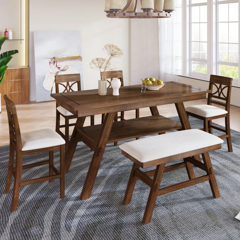6-piece wooden rectangular counter height dining table with 4 chairs and a bench, dining and bar table, walnut