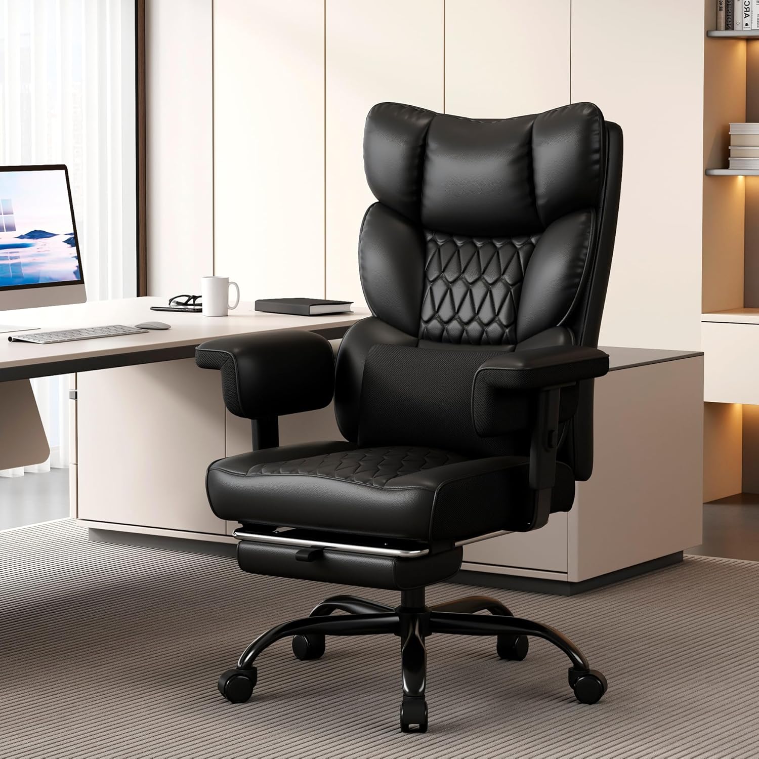Misolant Big and Tall Office Chair with Footrest, High Back Executive Desk Chair with Adjustable Lift Armrest, 155°Recline，Lumbar Support Pillow, Faux Leather Gaming Chairs for Home or Office Black