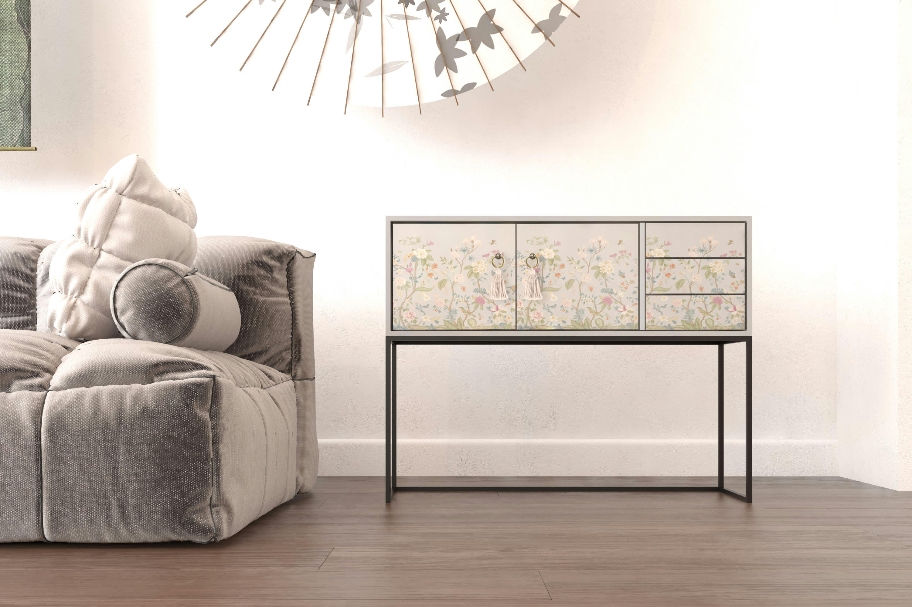 TELMA - Console Pin massif laqué 2 portes 3 tiroirs imprimé floral gris