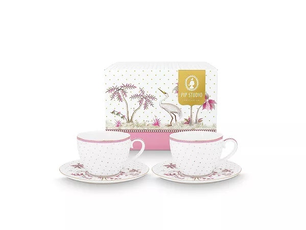 Komplet 2 filiżanek ze spodkiem 0,3 L Pip Studio - Jolie Dots Gold Pink 51.JDGP.004.208