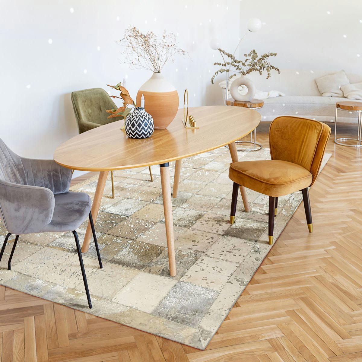 CUIR - Tapis recyclé cuir éclats argentés gris beige 160x230