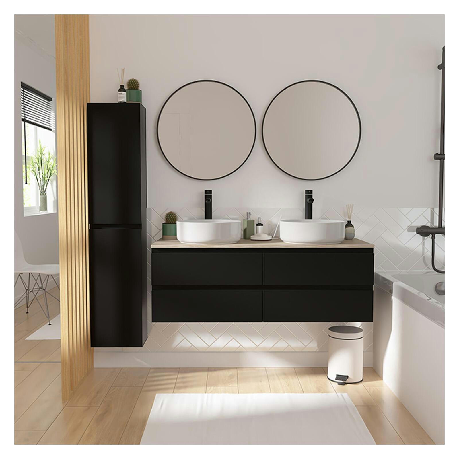 SORRENTO - Meuble double vasque 120cm avec plan bois  Noir+vasque+rob+miroir+co