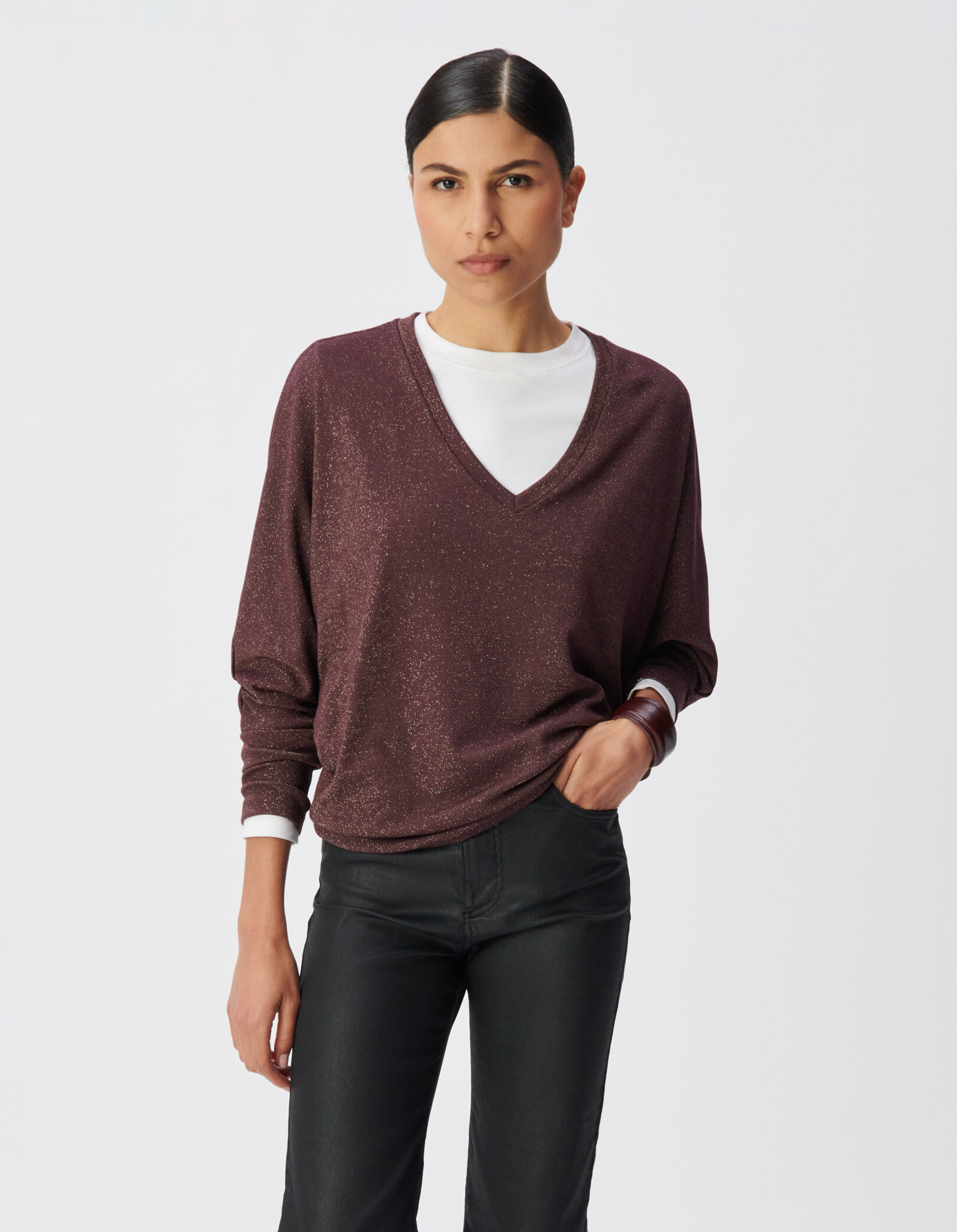 Tee-shirt bordeaux lurex manches chauve-souris Femme