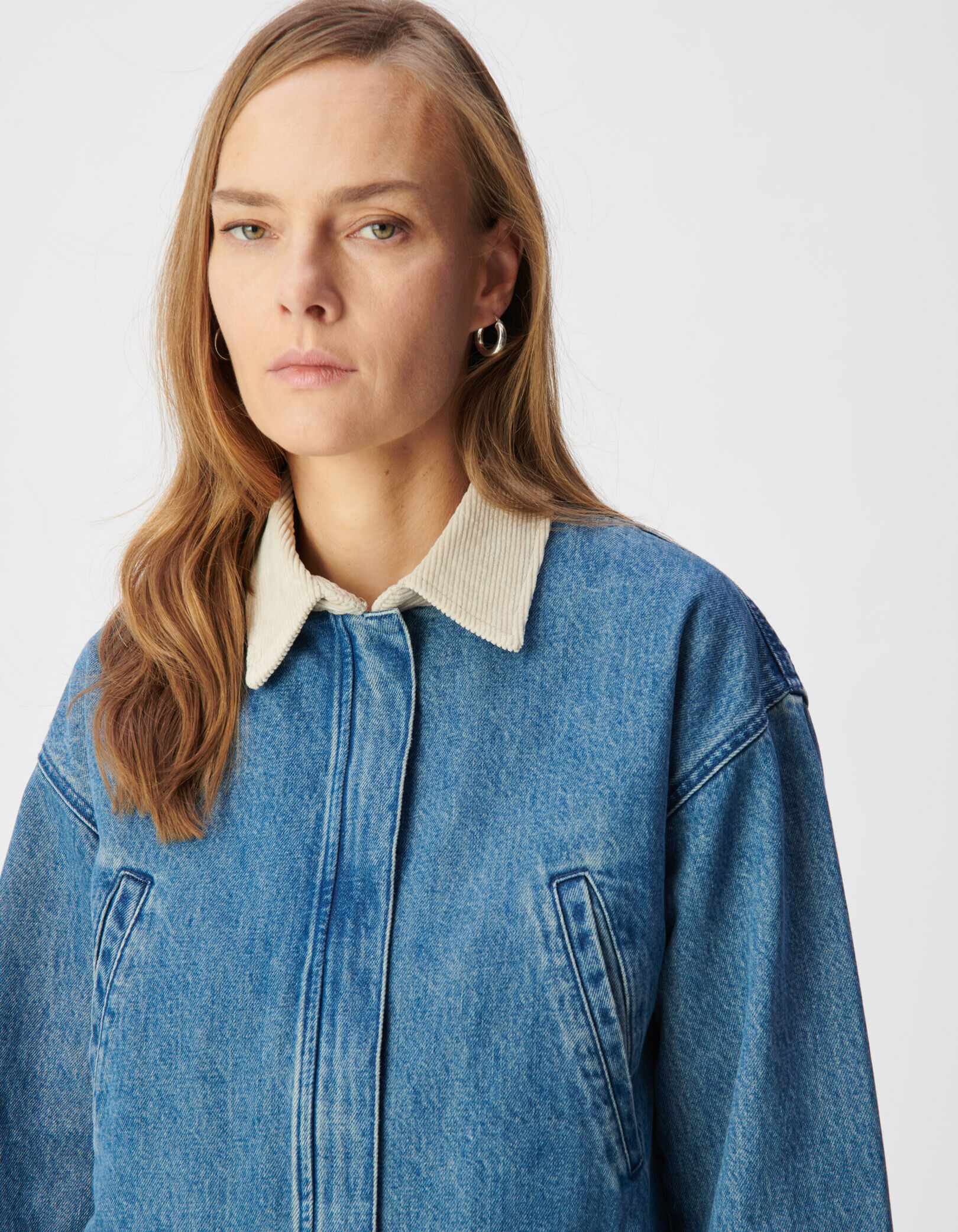 Veste en jean bleu col velours écru Femme