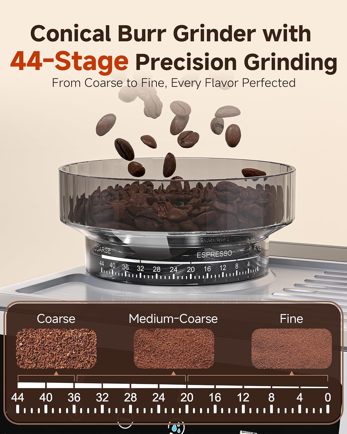 AMZCHEF Espresso Machine with Grinder: 20 Bar Semi Automatic Coffee Machine with 44 Grind Settings, 4-Temperature for Hot & Cold Brew | 8mm Milk Frother for Latte & Cappuccino,Stainless Steel