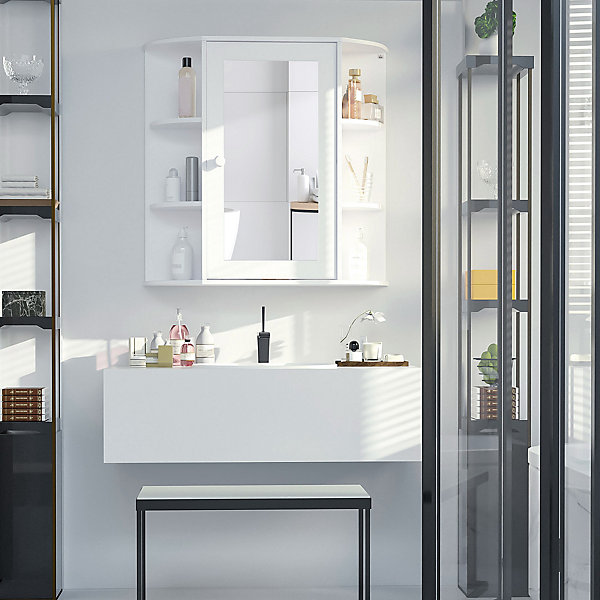 Armoire murale salle de bain blanche avec miroir, 8 compartiments, meuble suspendu multifonction, 66 x 17 x 63 cm