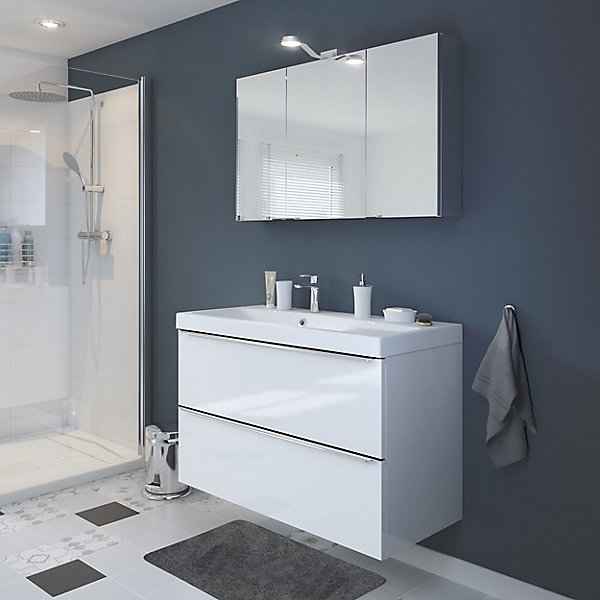 Meuble vasque suspendu blanc brillant l.80 cm Imandra   plan vasque blanc céramique Nira, GoodHome