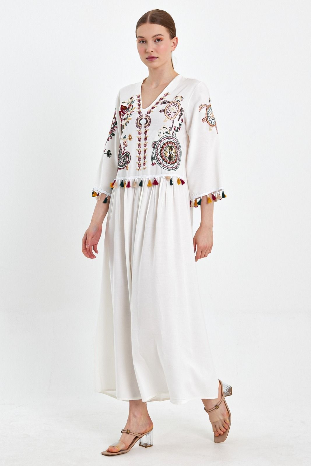 Belissh Embroidered Tiered Midi Dress with V-Neck Design in White