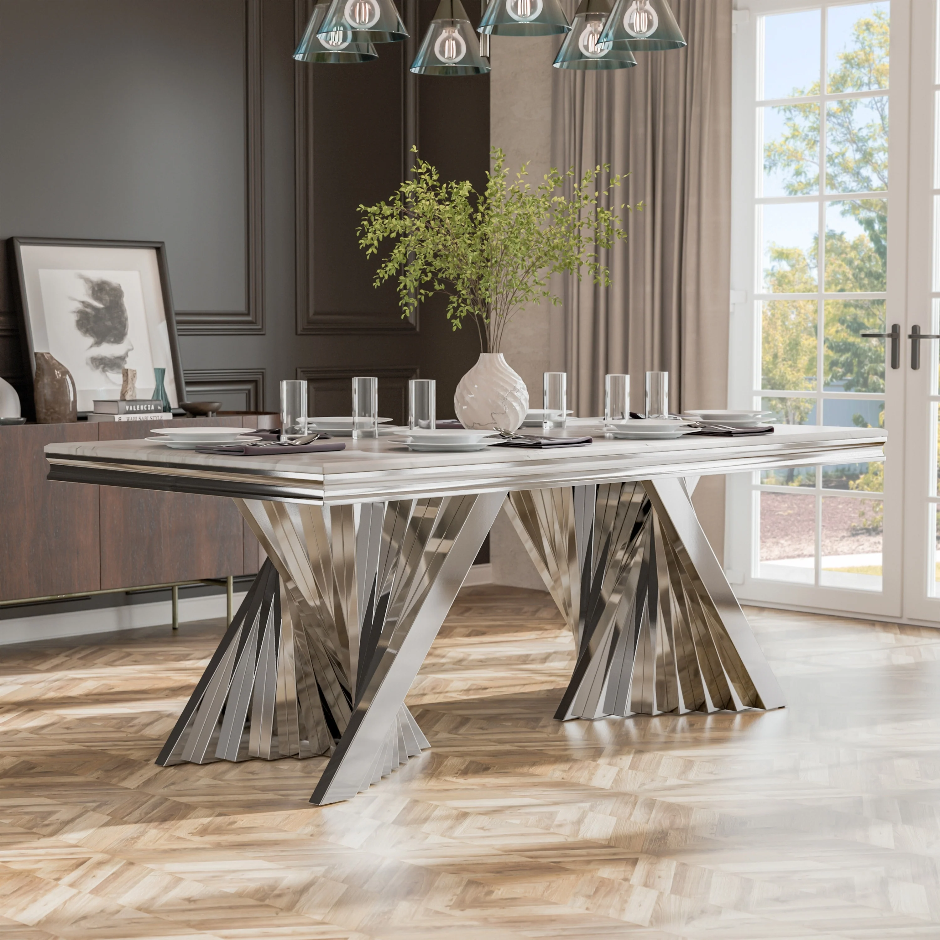 Furniture of America Thaddeus Glam 79-inch Sintered Stone Top Dining Table