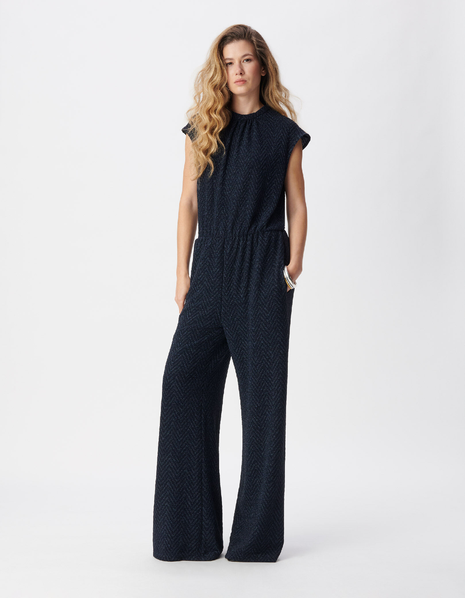 Combinaison-pantalon marine motif chevrons lurex Femme