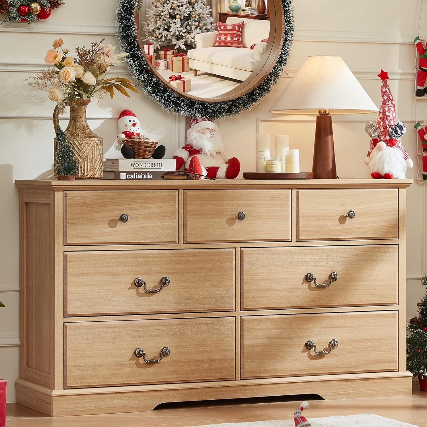 Farmhouse 7 Drawer Dresser for Bedroom,57 Wide Wood Rustic Chest of Drawers,Farmhouse Chest of Drawers for Bedroom,Wood Drawer Organizer for Bedroom,Hallway,Natural