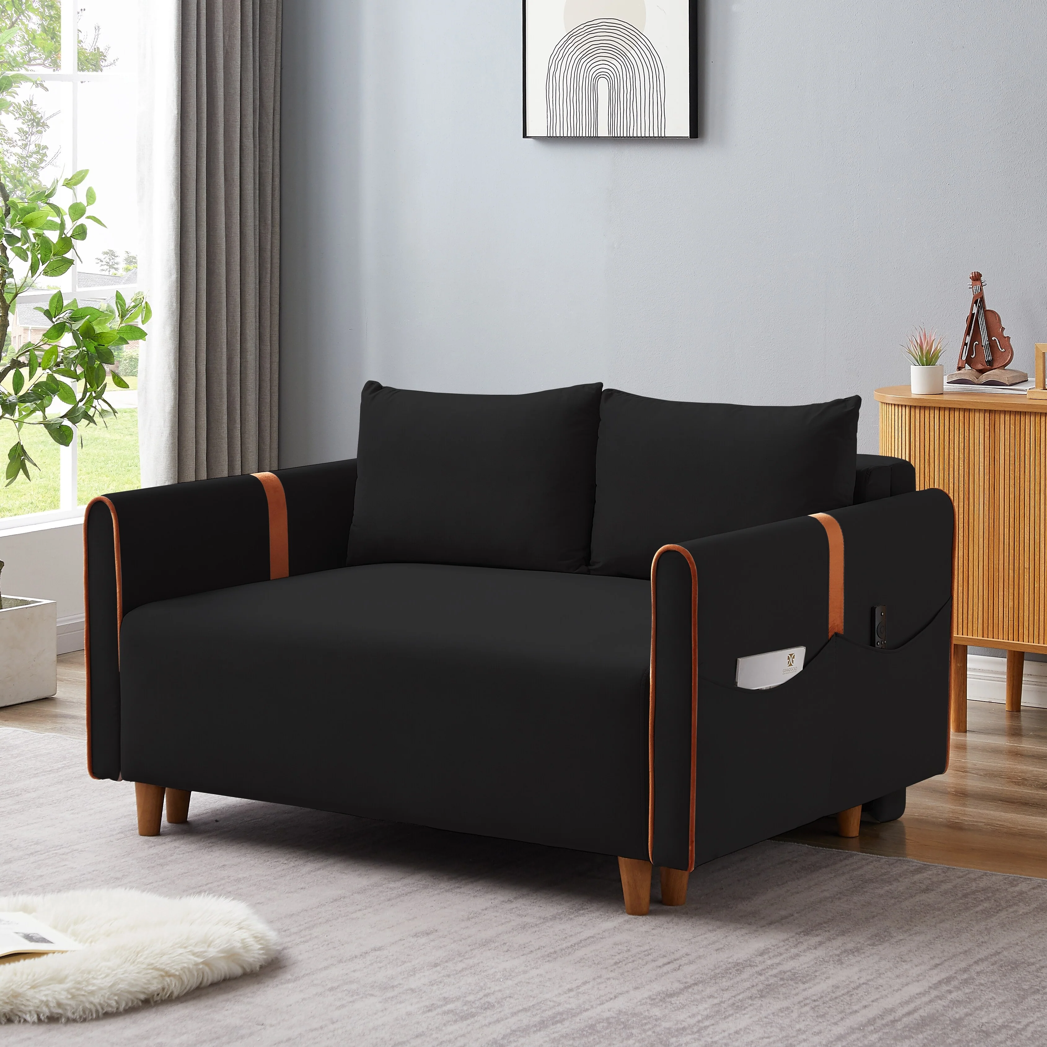 Black Multi-Functional Velvet Convertible Sofa Bed with Hidden Storage, Pull-Down Backrest, and Armrest Pockets