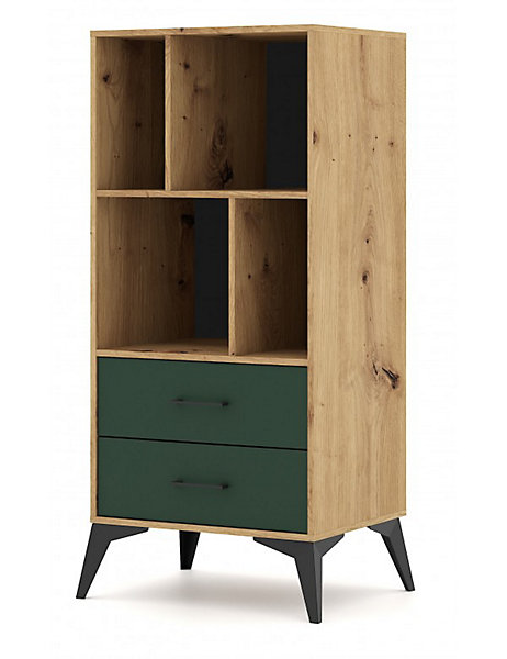 Bibliothèque à 4 étagères et 2 tiroirs LUGO coloris chêne vert 59,9x42x138,40 cm