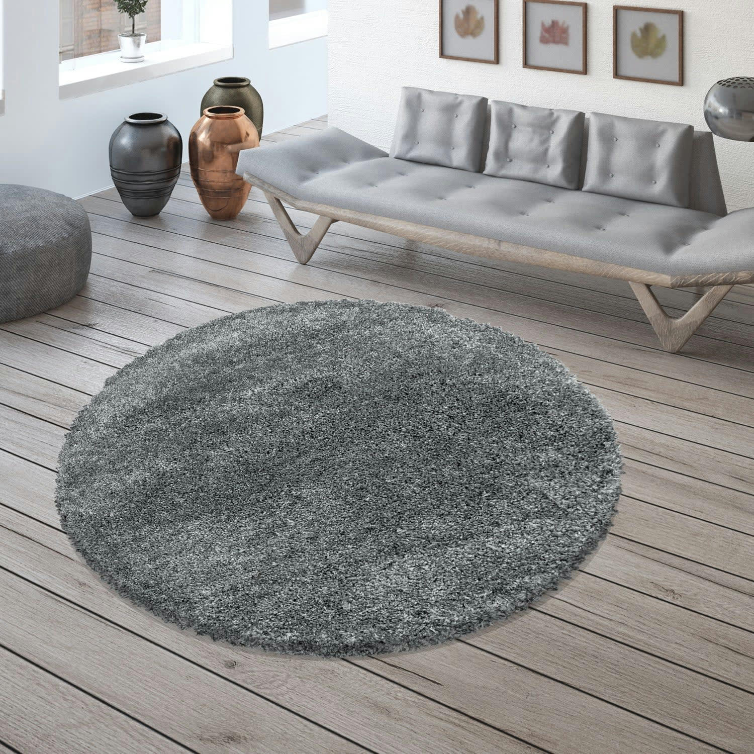 MOELLEUX - Tapis cosy rond à poils longs gris 80x80cm