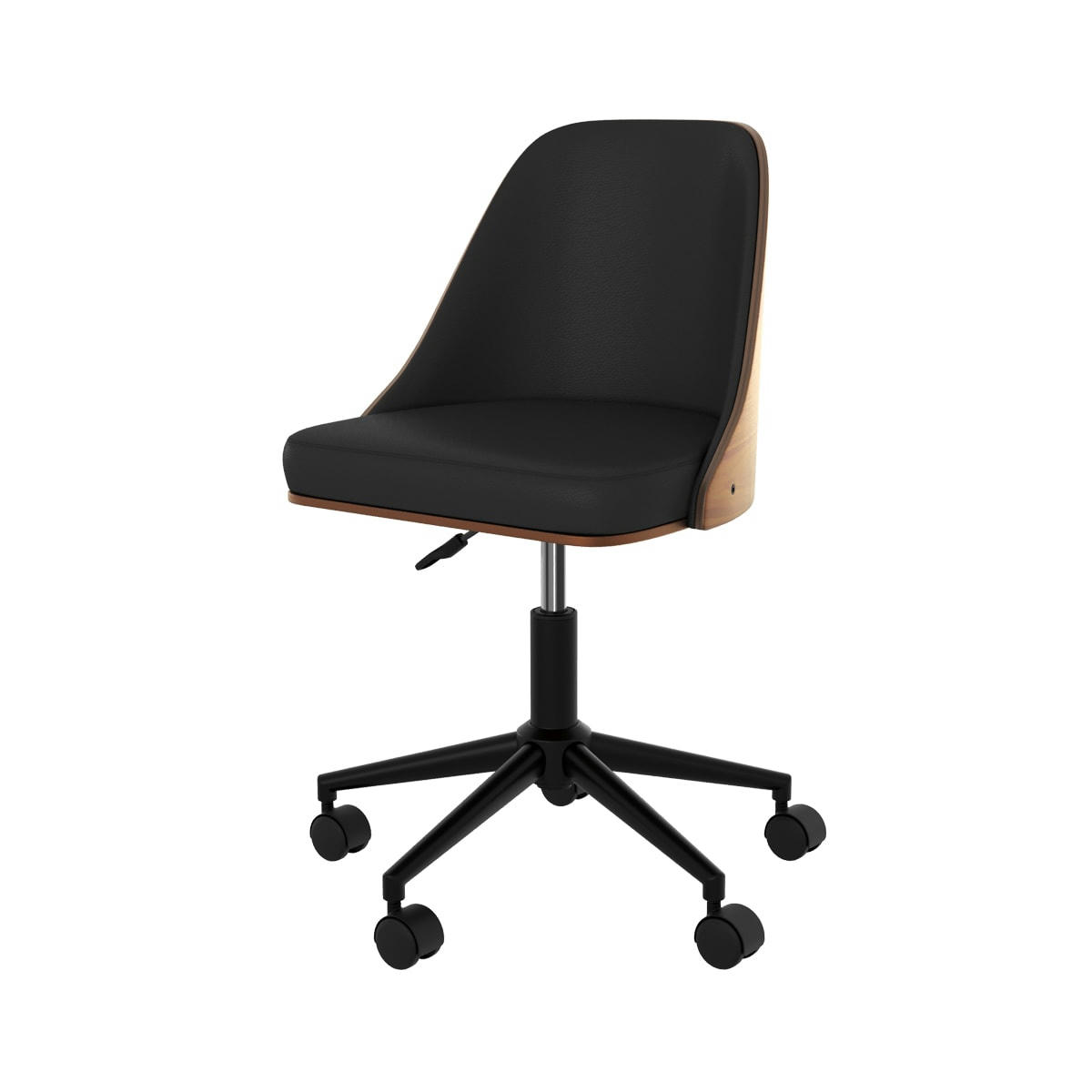 GEORGES - Chaise de bureau pivotante sur roulettes en bois foncé et PU noir