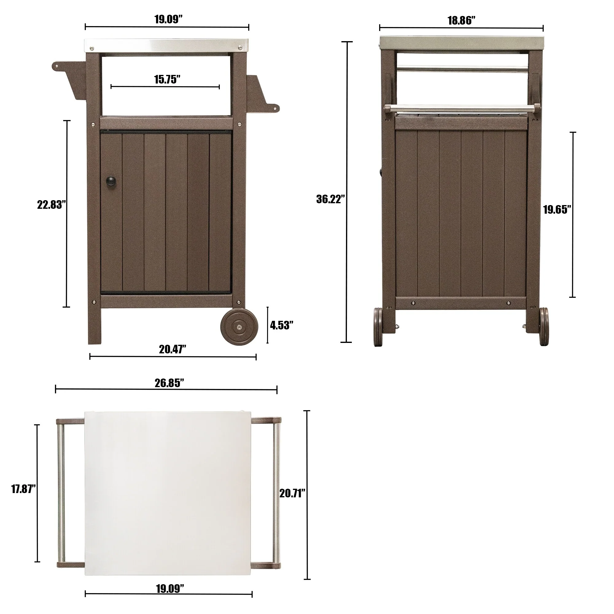 HDPE Barbecue/Grill Side Table Trolley, Outdoor Prep Dining Table Serving Cart with 304 Stainless Steel Top(Black/Brown/Gray)