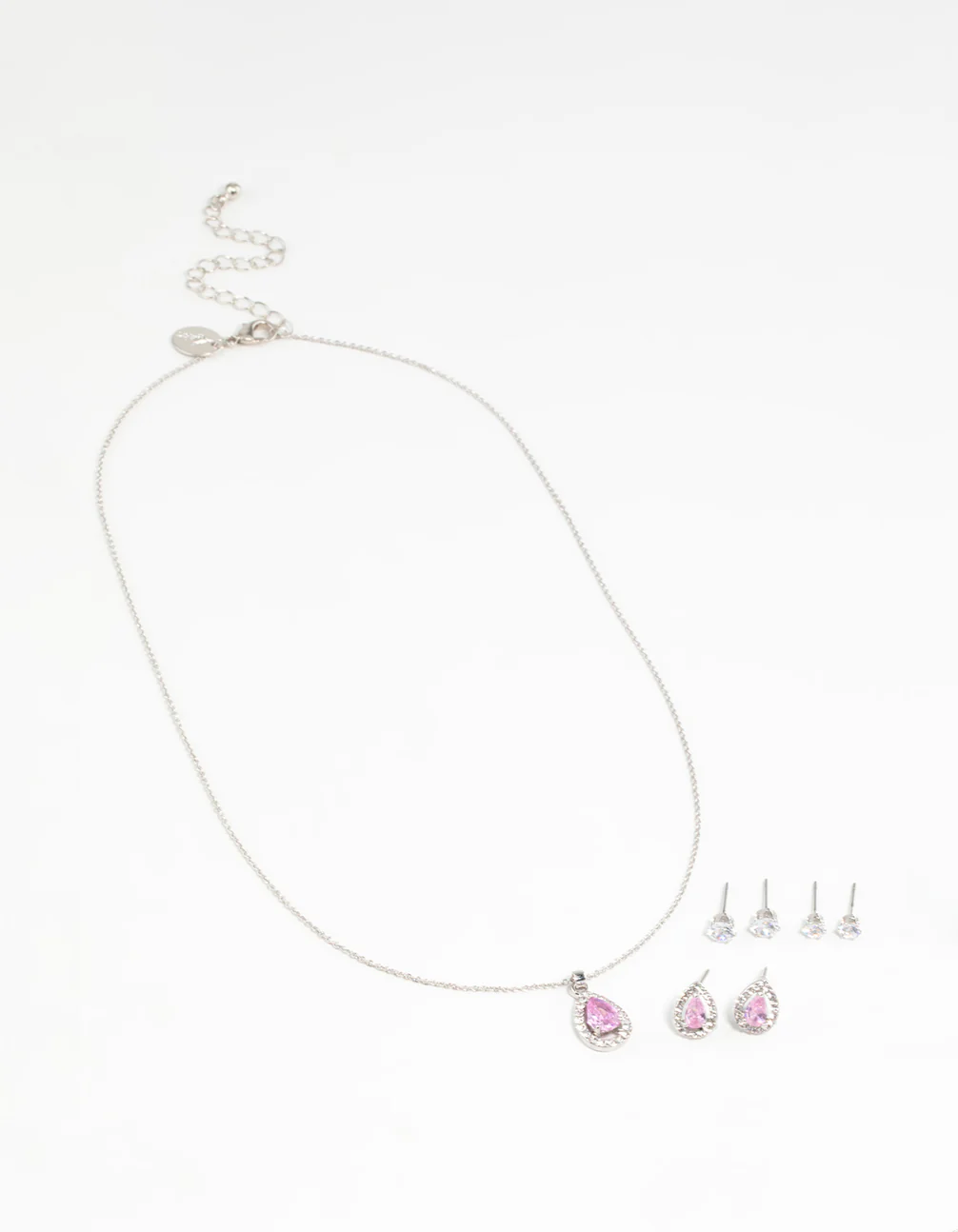 Silver Pink Cubic Zirconia Drop Necklace & Stud Earrings Set