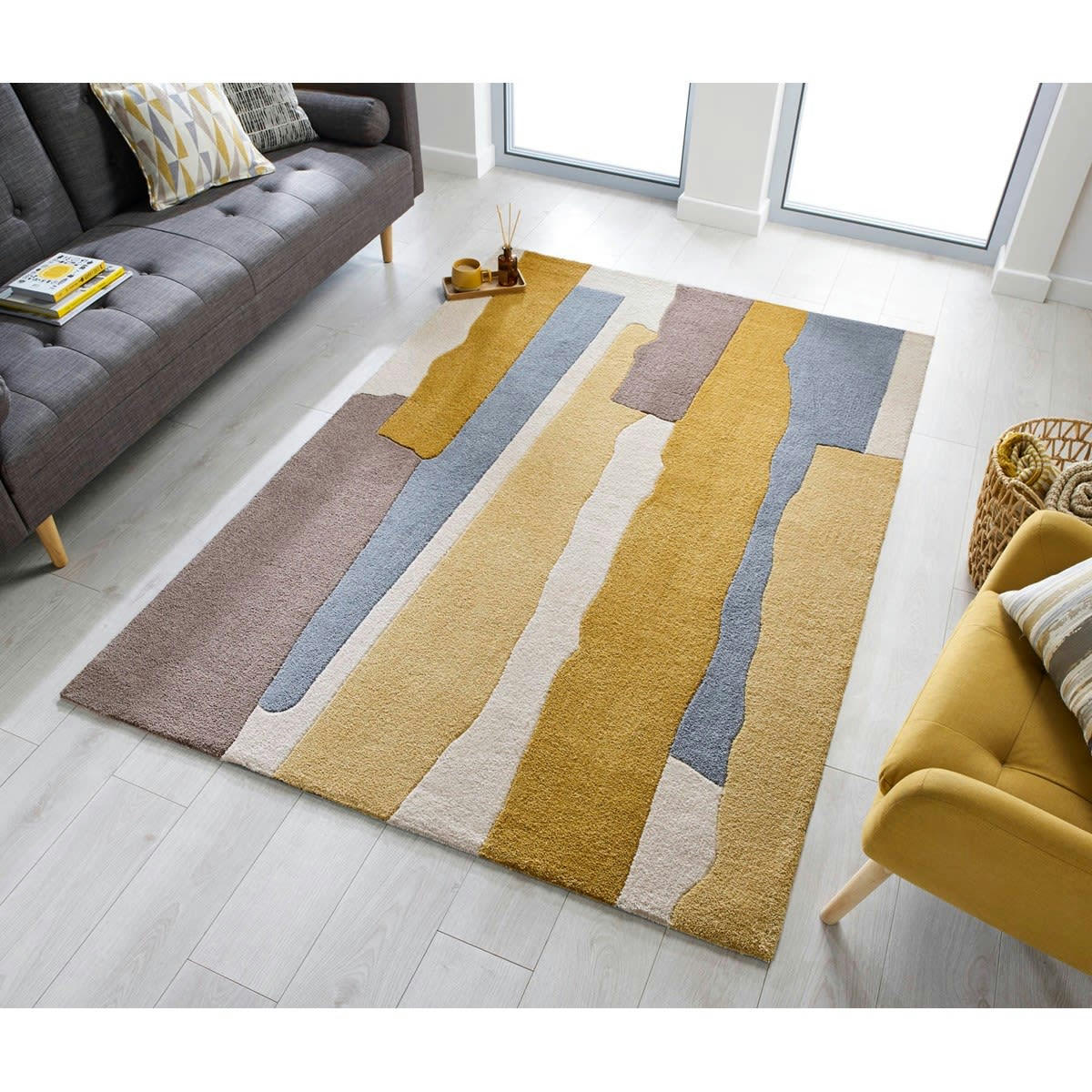 CALABRE - Tapis de salon moderne en Polyester Jaune moutarde 120x170 cm