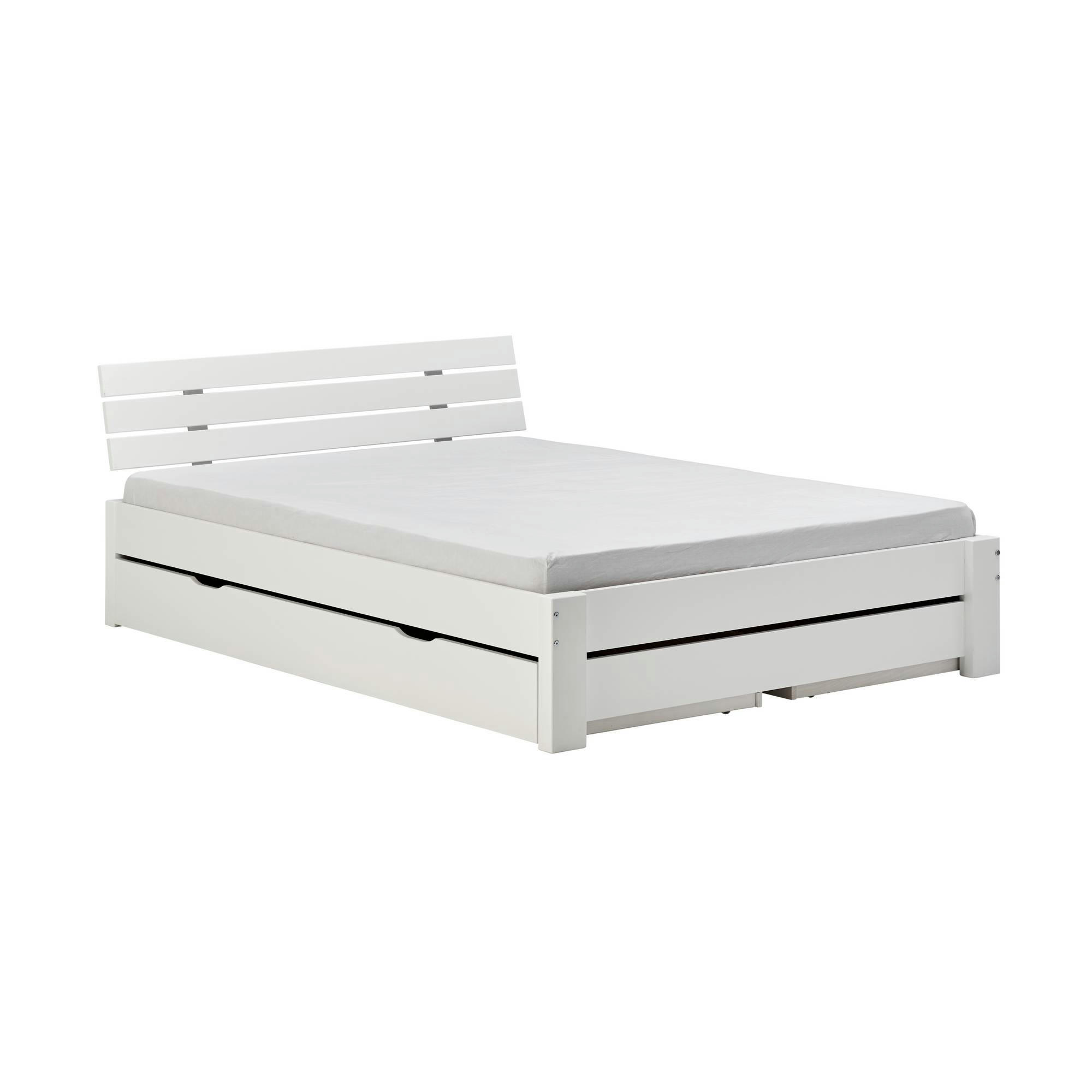 WILLAN - Lit en bois massif avec tiroirs de rangement blanc 160 x 200 cm