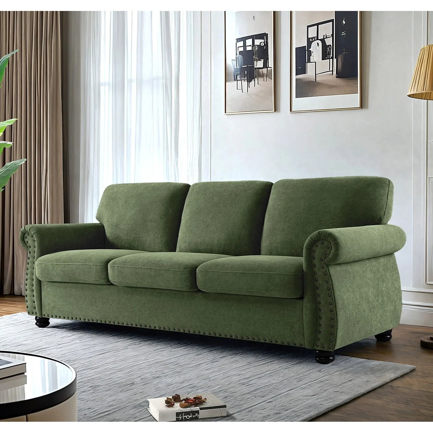 Soft Velvet Sofa, Upholstered 3 Seater Couch With High-Density Foam, Loose Back Cushions And Solid Wood Turned Legs