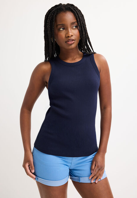 Womens Navy Ribbed Racer Vest Top