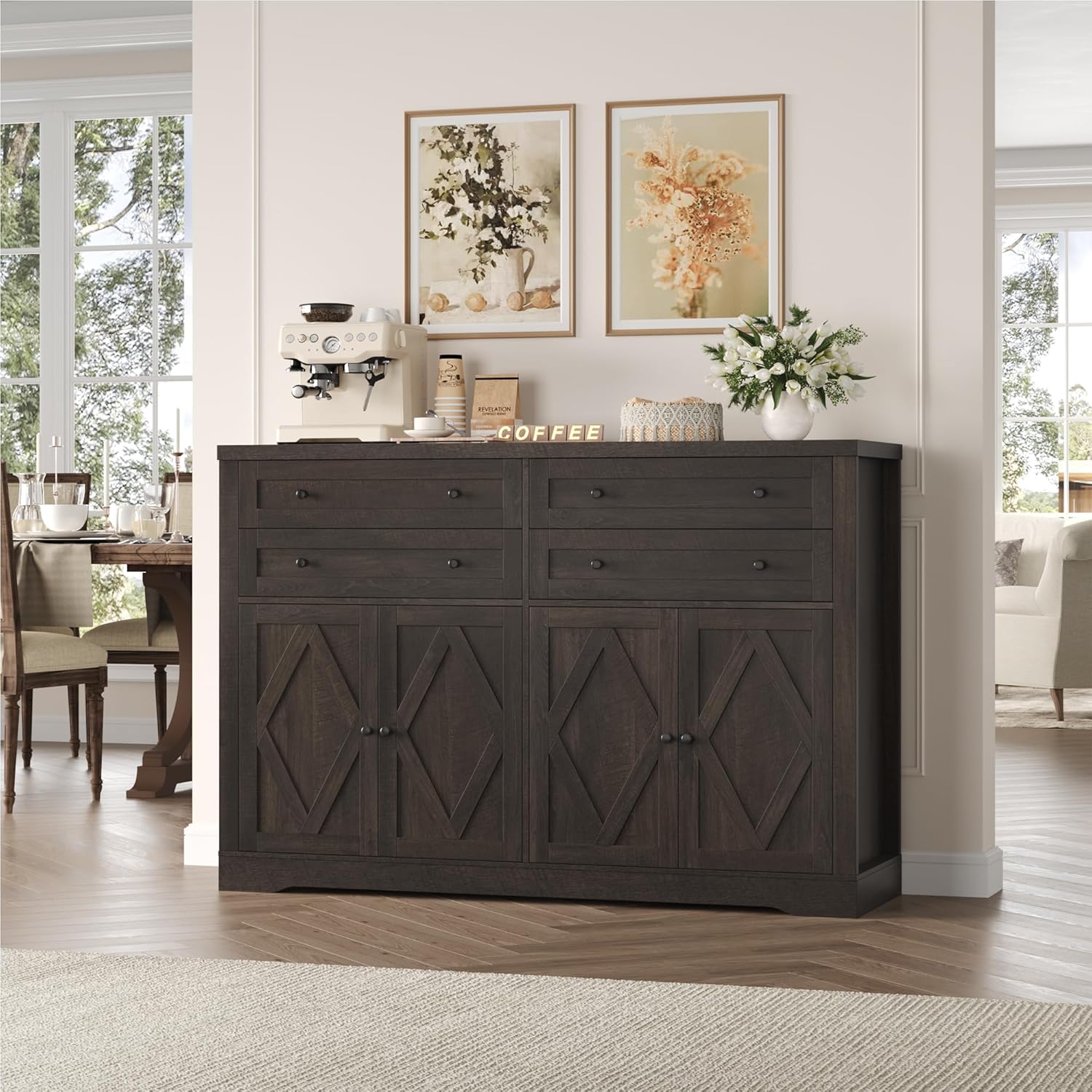 HOSTACK 55 Coffee Bar with 4 Large Drawers, 40 Tall Buffet Cabinet with Storage, Kitchen Storage Cabinet, Modern Farmhouse Sideboard Buffet, Adjustable Shelves for Living Room, Dark Brown