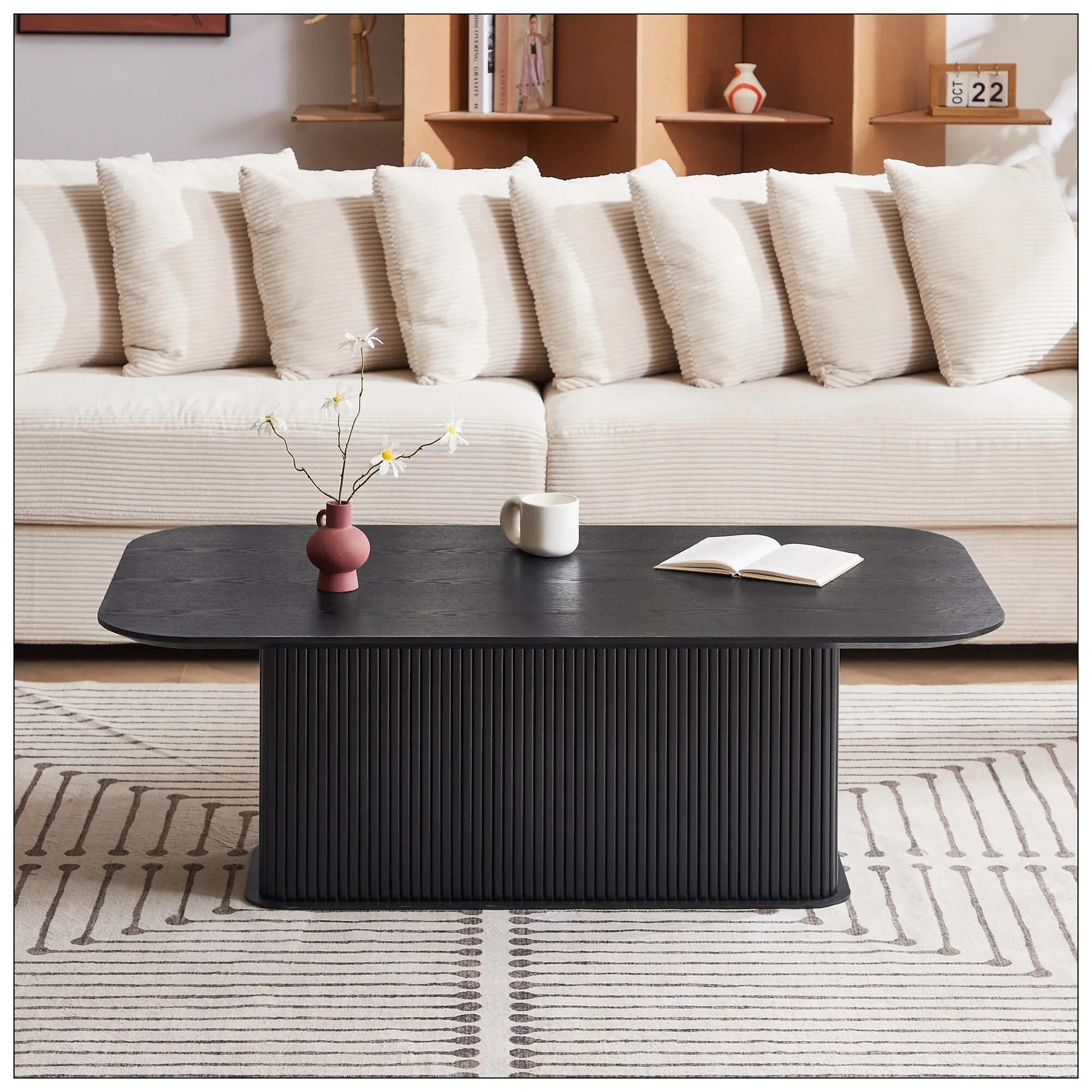 Coffee Table Black Oak Wood Surface and Black Metel Feet