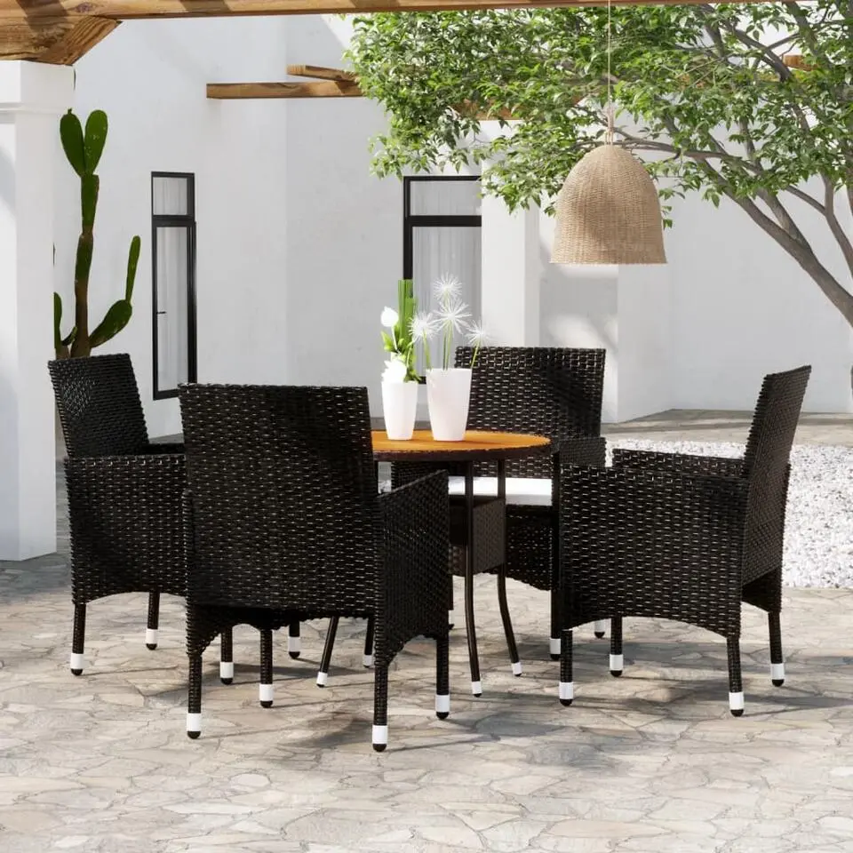 vidaXL - 5-delige Tuinset met kussens zwart - Poly rattan en hout - ? 80 cm