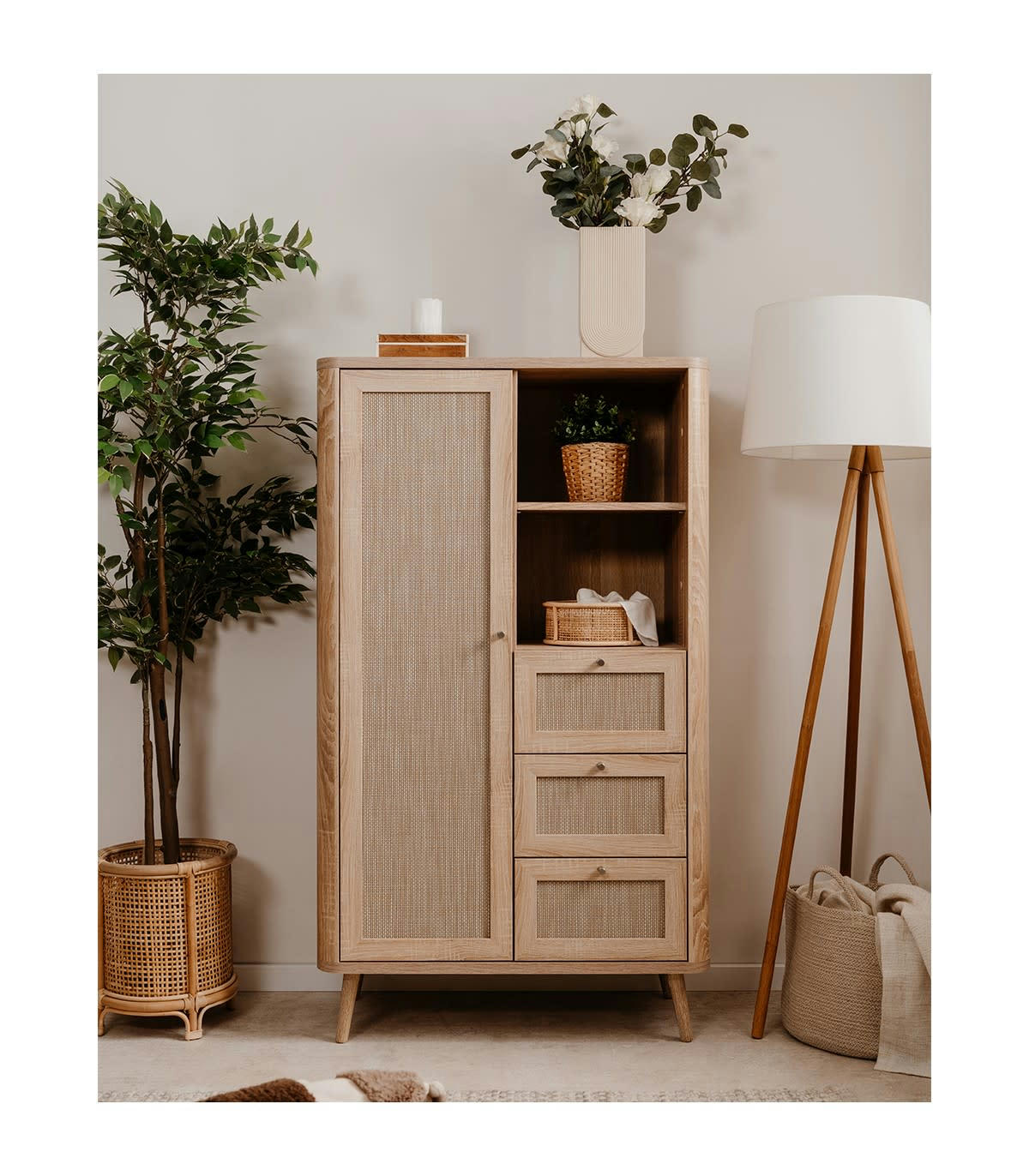 KUTA - Buffet haut 1 porte, 3 tiroirs et 2 compartiments - H141 cm