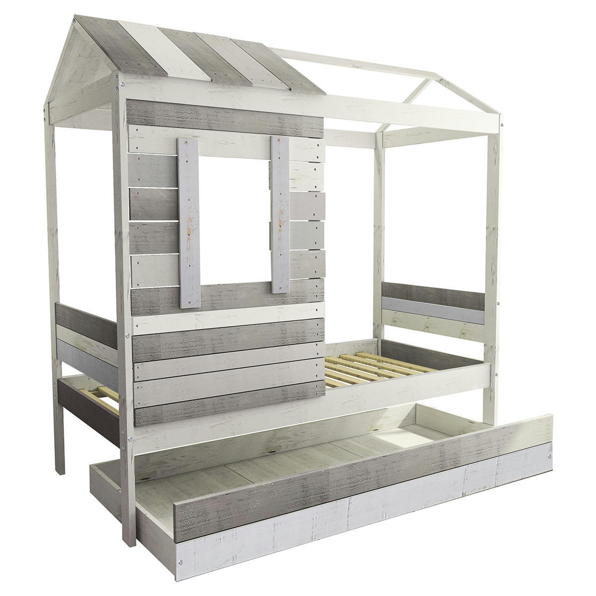 CHARLES - Lit cabane avec tiroir 90x190 cm bois massif gris