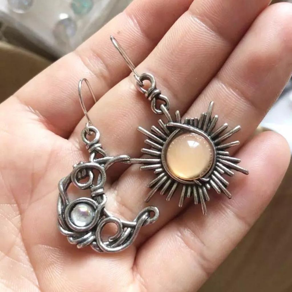 The Colourful Aura Sun and Half Moon Wire Wrapped Dangle Drop Earrings