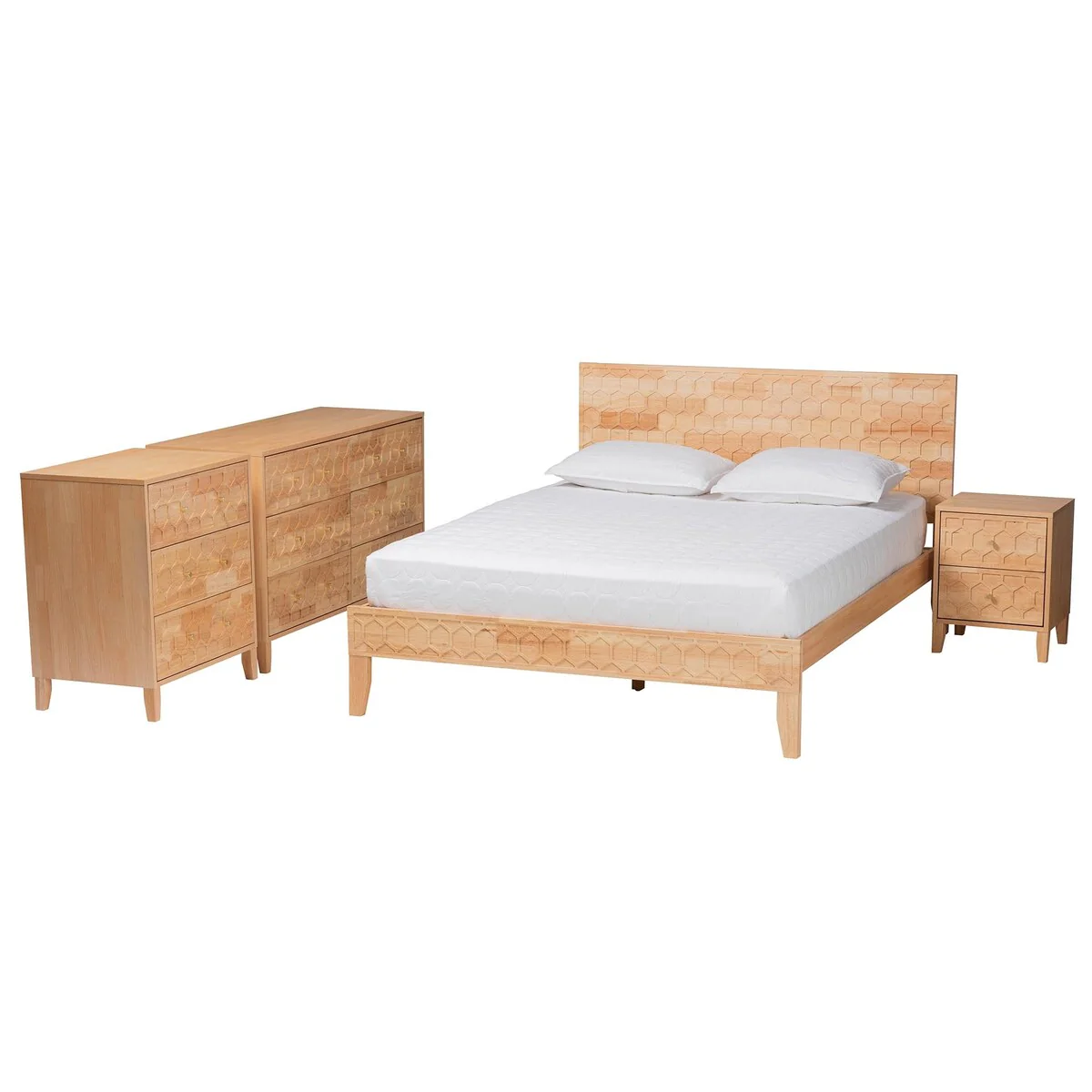 Hosea Japandi Carved Honeycomb Natural 4-Piece/5-Piece Bedroom Set (Multiple Bed Sizes)