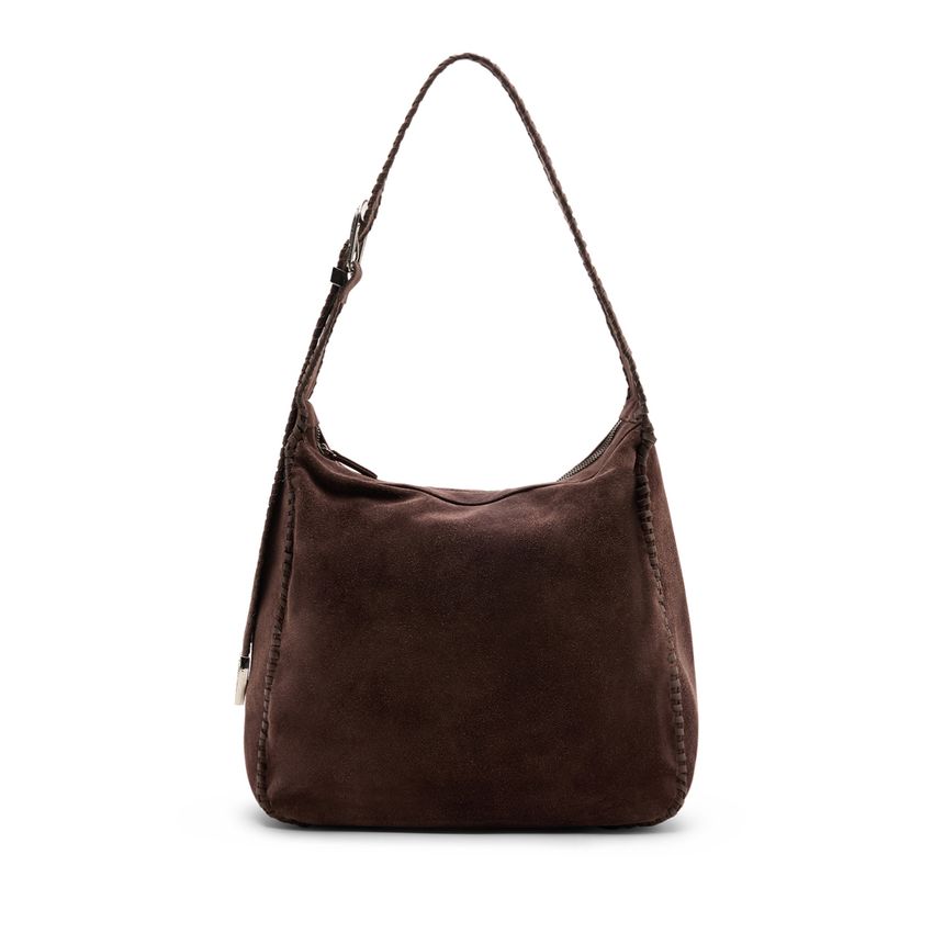 Manfield Donkerbruine suède schoudertas met gevlochten details