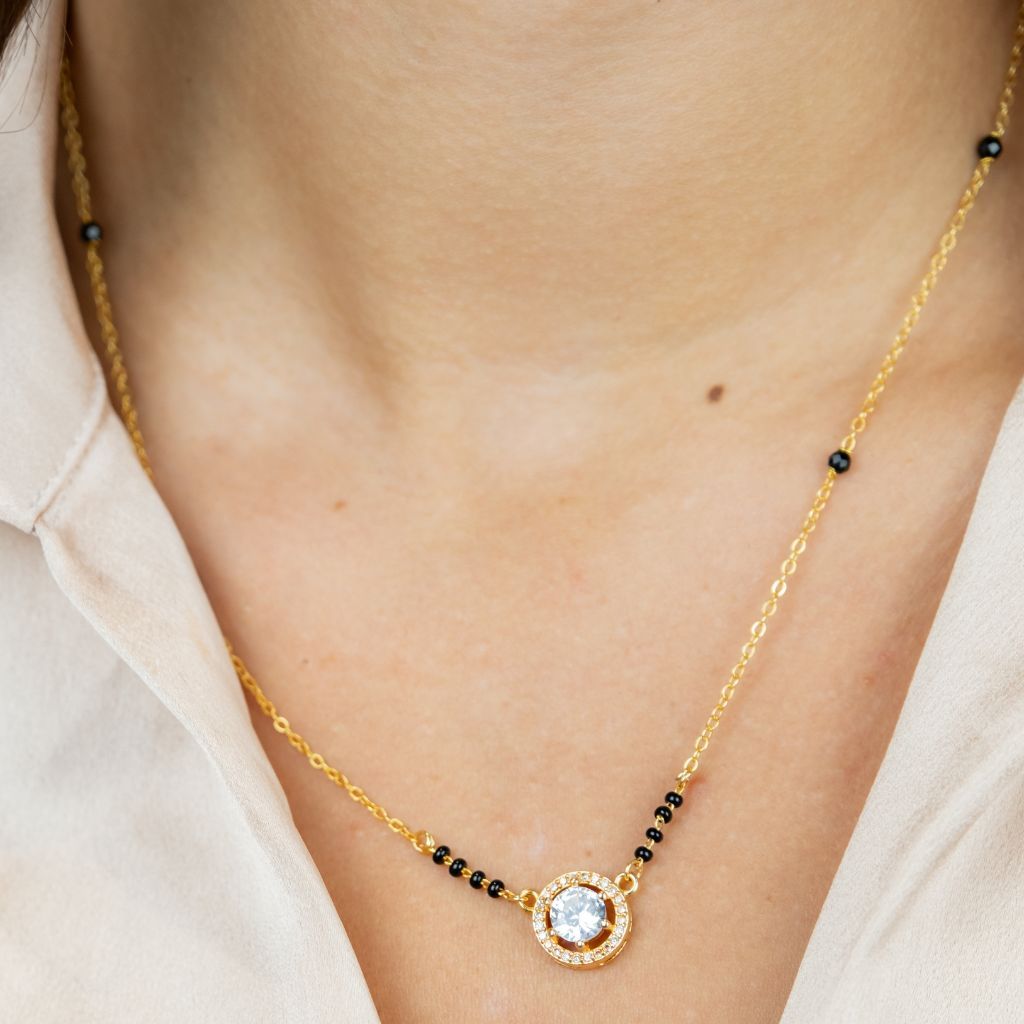 The Colourful Aura Round Black Beaded Zircon 18ct Gold Plated Asian Mangalsutra Pendant