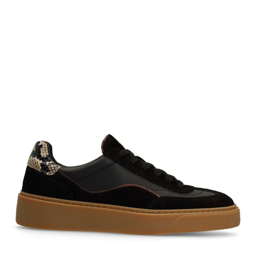 Manfield Zwarte leren sneakers met snake detail